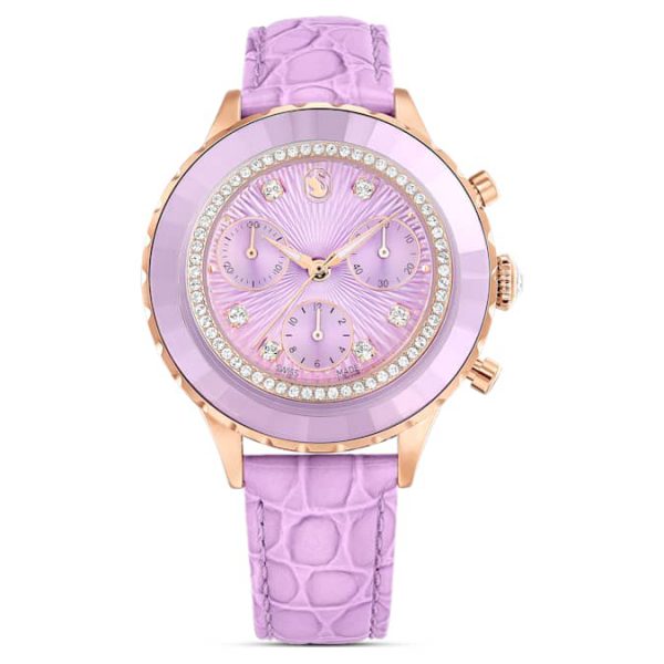 Octea chrono watch Swiss Made, Leather strap, Purple, Rose gold-tone finish