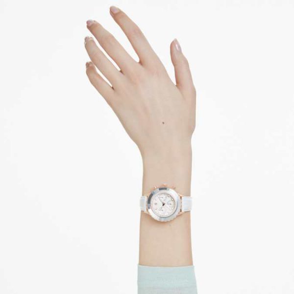 Octea chrono watch Swiss Made, Leather strap, White, Rose gold-tone finish
