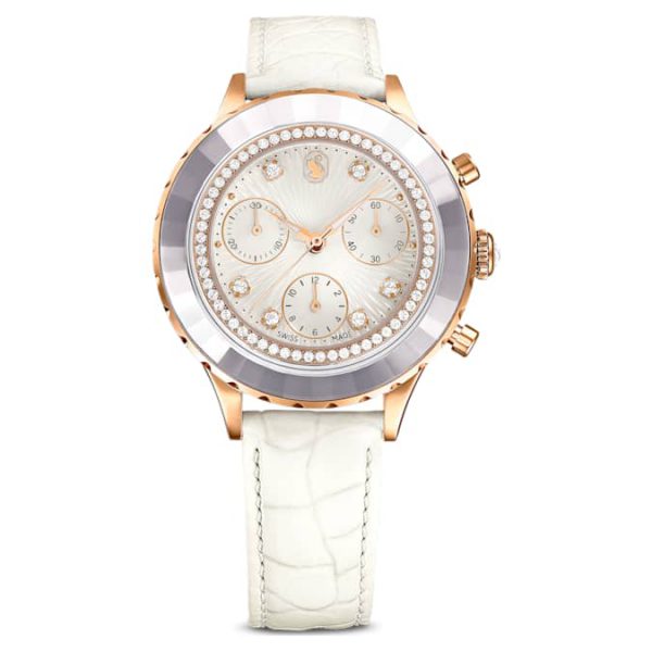 Octea chrono watch Swiss Made, Leather strap, White, Rose gold-tone finish - Image 2