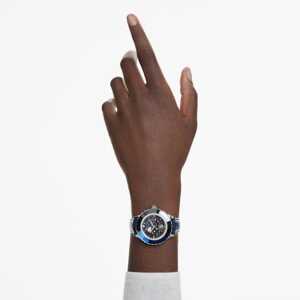 Octea moon watch Swiss Made, Moon, Leather strap, Blue, Stainless steel