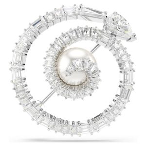 Snake brooch Crystal pearl, Mixed cuts, Year of the Snake, White, Rhodium plated