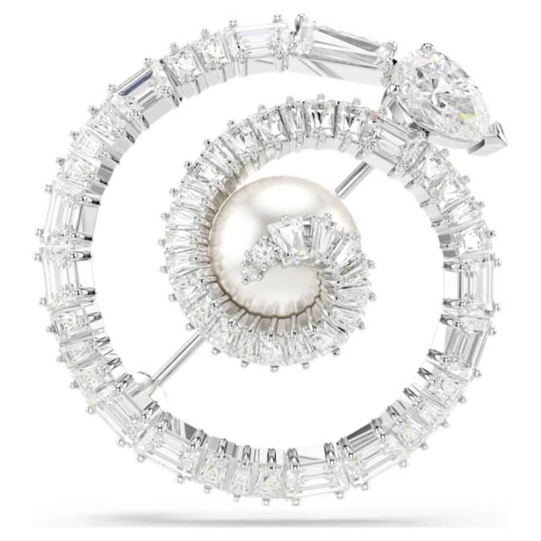 Snake brooch Crystal pearl, Mixed cuts, Year of the Snake, White, Rhodium plated