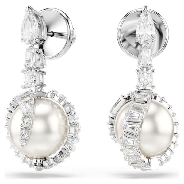 Snake drop earrings Crystal pearl, Mixed cuts, Year of the Snake, White, Rhodium plated - Image 2