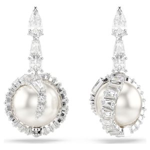 Snake drop earrings Crystal pearl, Mixed cuts, Year of the Snake, White, Rhodium plated