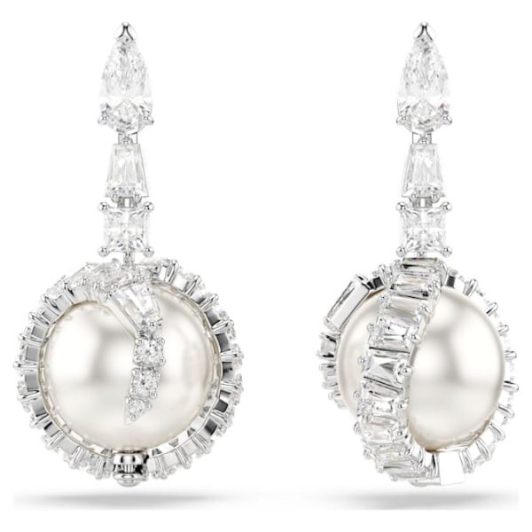 Snake drop earrings Crystal pearl, Mixed cuts, Year of the Snake, White, Rhodium plated