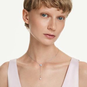 Stilla Attract Y necklace Round cut, Blue, Rhodium plated