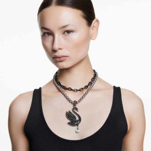 Swan choker and brooch Crystal pearl, Swan, Black, Ruthenium plated