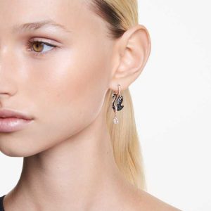 Swan drop earrings Swan, Black, Rose gold-tone plated