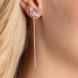 Swan drop earrings Swan, Pink, Rose gold-tone plated