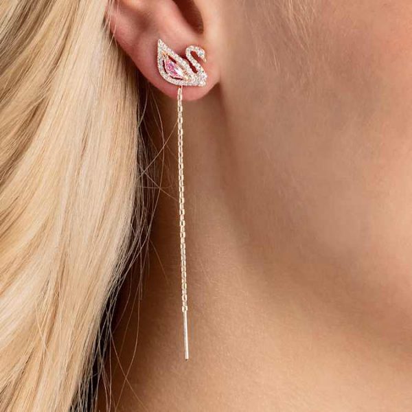 Swan drop earrings Swan, Pink, Rose gold-tone plated