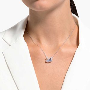Swan necklace Dancing swan, Blue, Rhodium plated