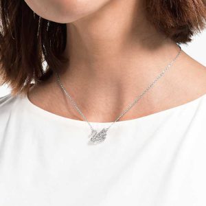 Swan necklace Dancing swan, White, Rhodium plated