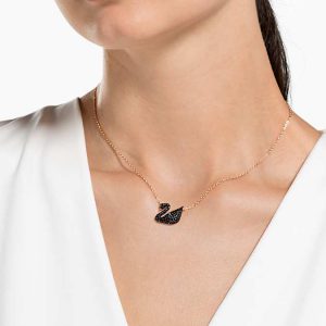 Swan pendant Swan, Black, Rose gold-tone plated