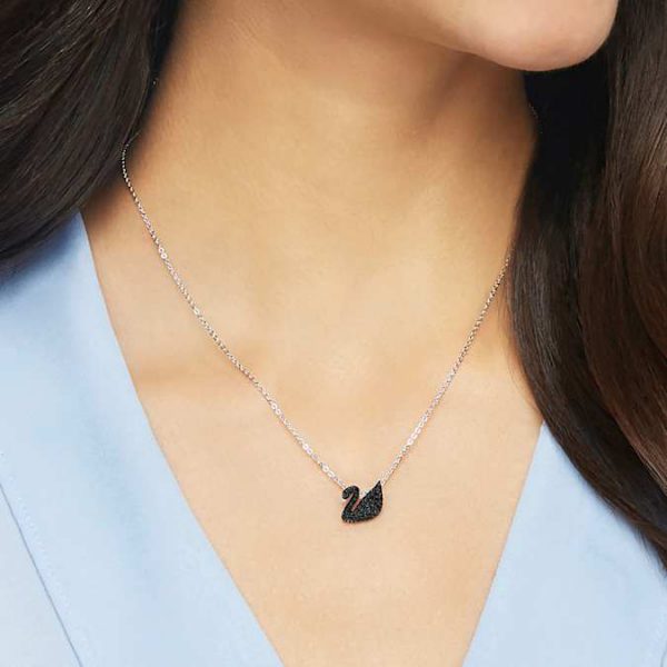 Swan pendant Swan, Small, Black, Rhodium plated