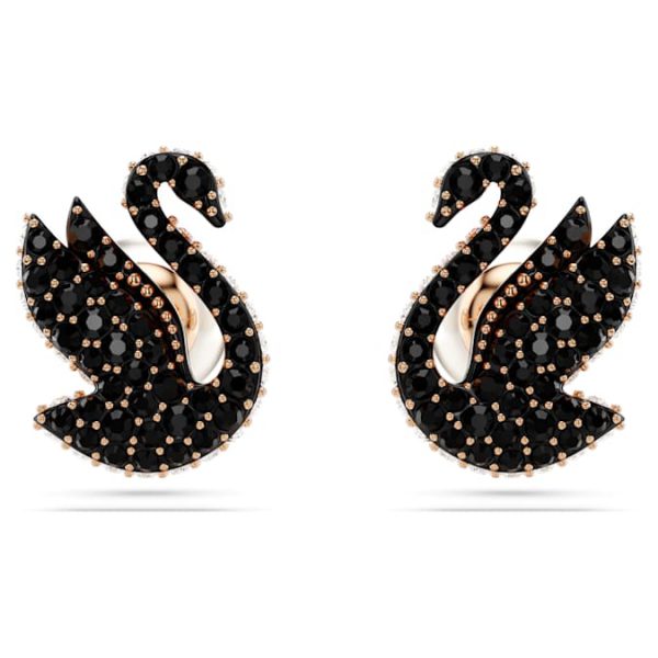 Swan stud earrings Crystal pearl, Swan, Black, Rose gold-tone plated - Image 2