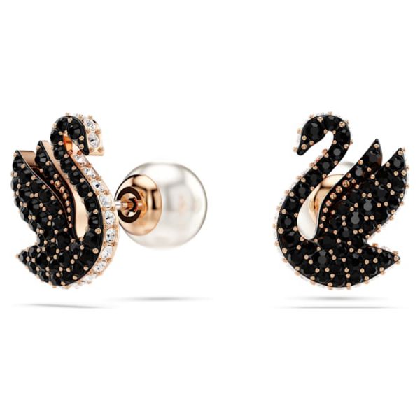 Swan stud earrings Crystal pearl, Swan, Black, Rose gold-tone plated - Image 3