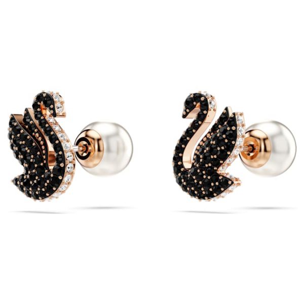 Swan stud earrings Crystal pearl, Swan, Black, Rose gold-tone plated - Image 4