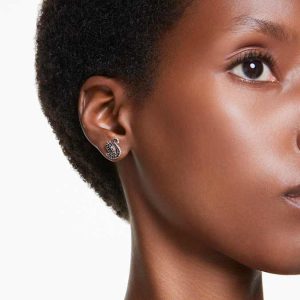 Swan stud earrings Crystal pearl, Swan, Black, Rose gold-tone plated