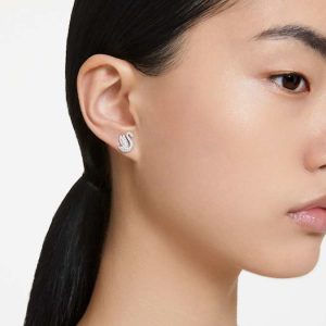 Swan stud earrings Swan, White, Rhodium plated