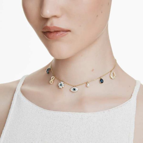Symbolica choker Crystal pearl, Moon, infinity, clover, evil eye and horseshoe, Blue, Gold-tone plated