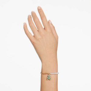 Teddy bracelet Crystal pearl, Bear, Green, Gold-tone plated