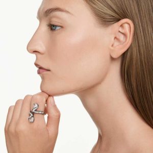 The Vienna Collection open ring Feather, White, Ruthenium plated