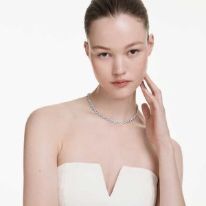 Una Angelic necklace Round cut, Blue, Rhodium plated