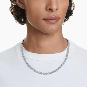 Una Angelic Tennis necklace Round cut, Long, White, Ruthenium plated