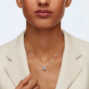 Una necklace Round cut, Blue, Rhodium plated